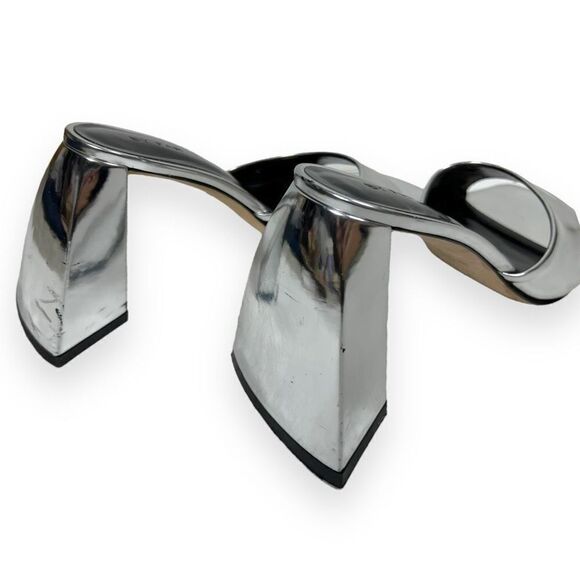 BY FAR Michele Silver Mirror LAC Mule Sandals Square Toe Block Heel Size 6 EU 36